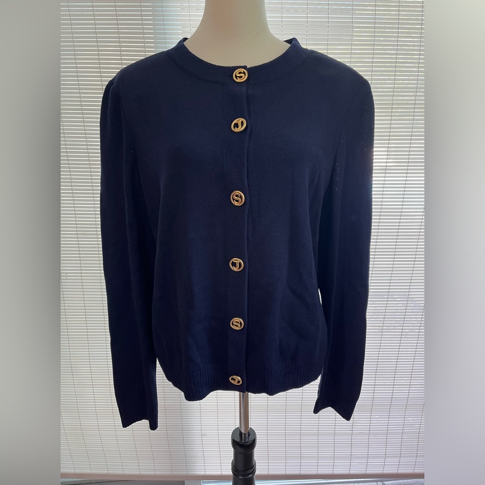 St Johns Basics by Marie Gray Navy Sweater Jacket Size L Navy & Gold Buttons